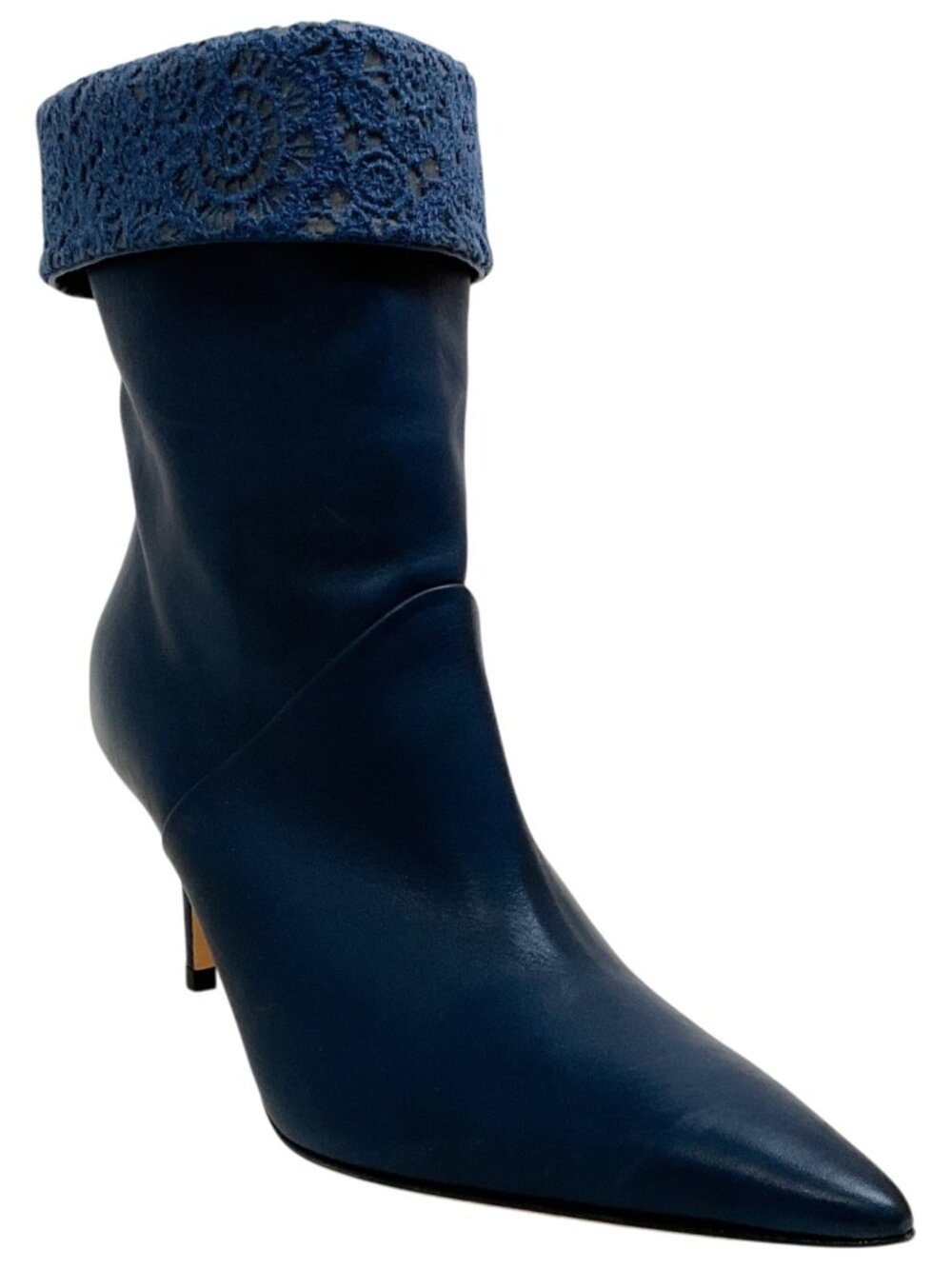 Arteana Navy Blue Leather Booties with Lace Embroidered Cuff